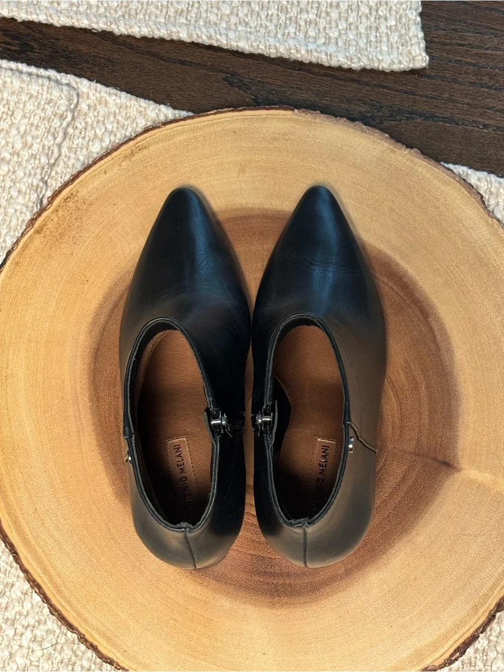 ANTONIO MELANI Black Leather Pointed Toe Ankle Booties